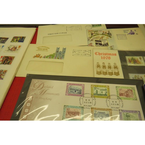 390 - Box of stamps, first day covers and postcards