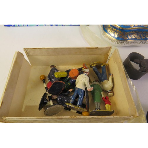 436 - Tray of mixed collectables including panasonic binoculars, LA reine trinket box, box of coins, lead ... 