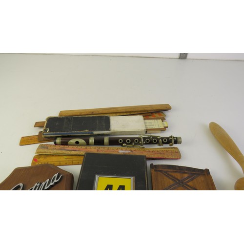 69 - Vintage wooden rulers, Cortina plaque, musical instruments etc.