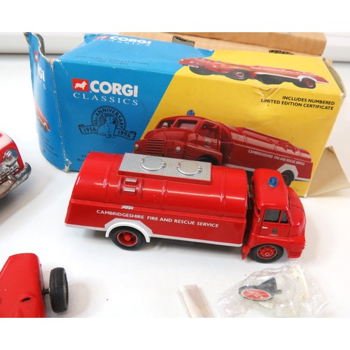 68 - Boxed Corgi fire rescue truck, three Scalextric racing cars and 1960's tinplate friction car.