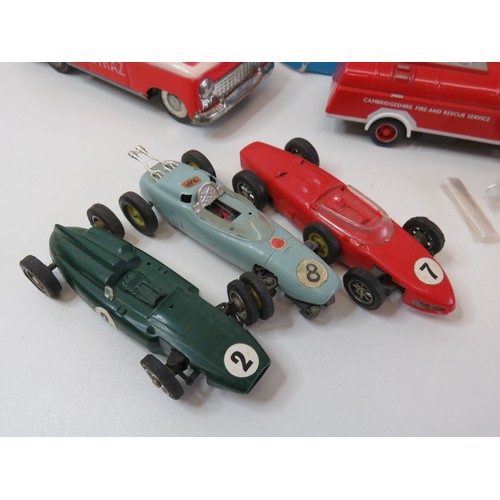 68 - Boxed Corgi fire rescue truck, three Scalextric racing cars and 1960's tinplate friction car.