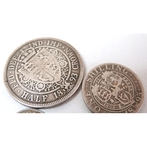 1 - Victorian Silver coins, 1893 Halfcrown, 1895 Shilling and 1847 Groat.