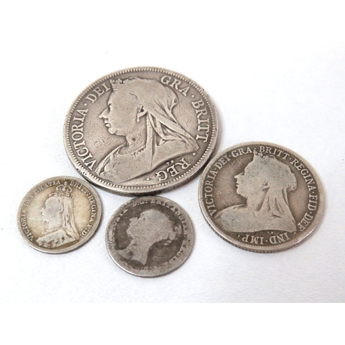 1 - Victorian Silver coins, 1893 Halfcrown, 1895 Shilling and 1847 Groat.