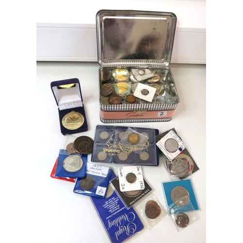 2 - Old tin full of various coins, tokens and medals.