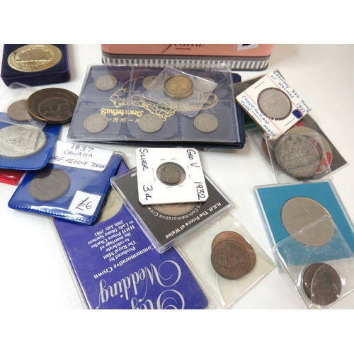 2 - Old tin full of various coins, tokens and medals.