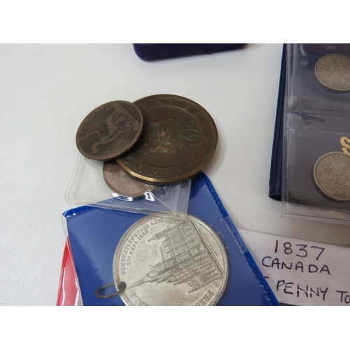 2 - Old tin full of various coins, tokens and medals.