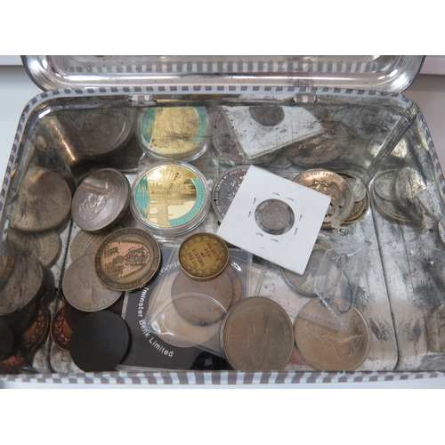 2 - Old tin full of various coins, tokens and medals.