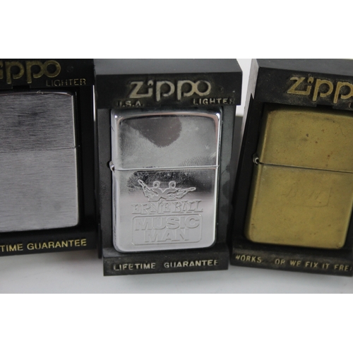 651 - Vintage Zippo Lighters Boxed Inc Ernie Ball, Music Man, Etc x 5