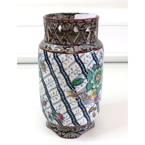 69 - Victorian Earthenware transfer printed vase with pierced rim, height 19.5cms.