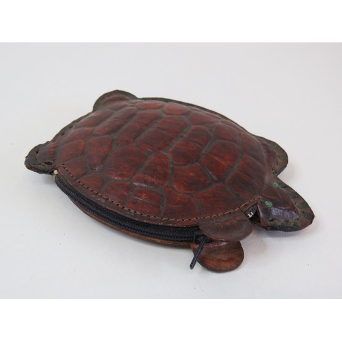 72 - A vintage hand made stitched leather turtle coin purse.