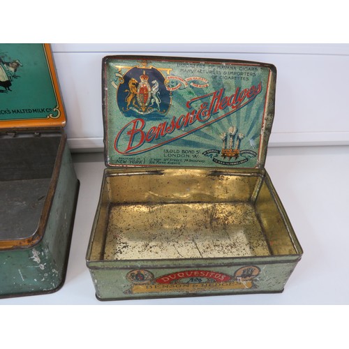 80 - Five vintage tins and Players Navy cigarette box includes Barker & Dobson Horlicks Malted Milk Toffe... 