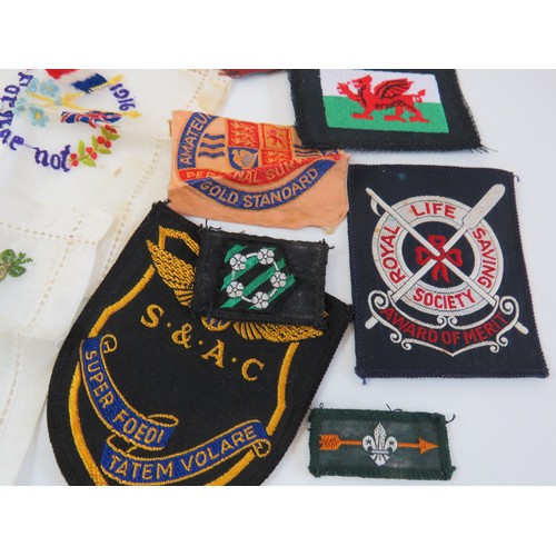 81 - Job lot of cloth badges insignia, silk handkerchiefs & medals includes military and Masonic.