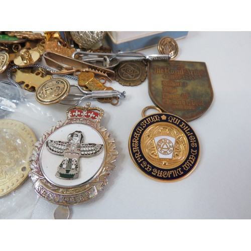 89 - Job lot of collectables & curios to include badges, medals, coins and whistle