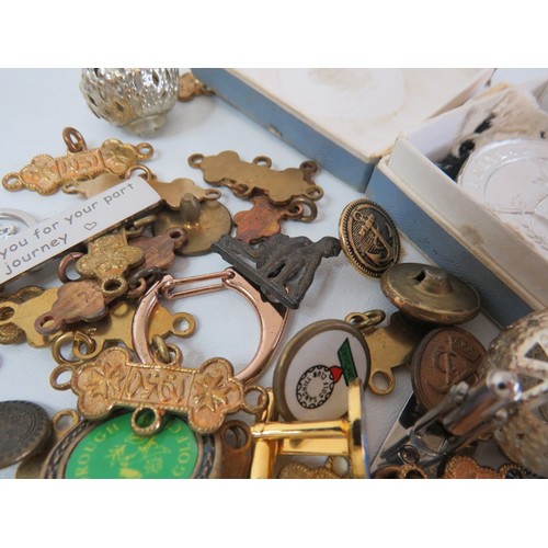 89 - Job lot of collectables & curios to include badges, medals, coins and whistle