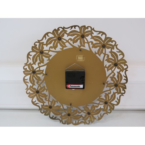 97 - 1960's Metamec Brass Flower framed wall clock battery operated in working order.