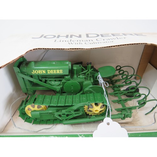 99 - Diecast 1/16 scale John Deere Lindeman Crawler with cultivator by SpecCast - boxed.