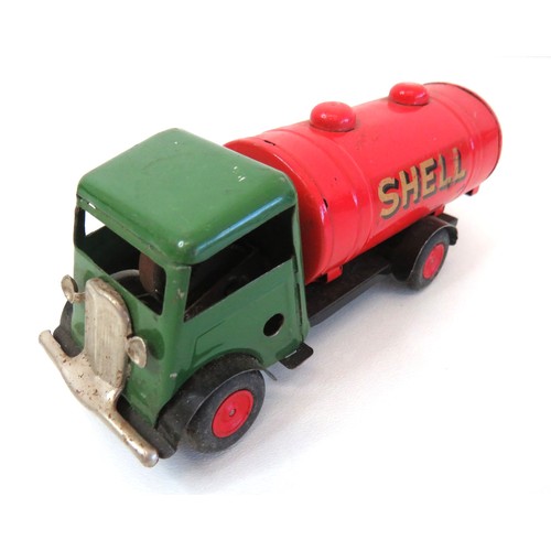 262 - Three vintage Minic Toys litho tinplate clockwork toys, Road Roller, Dust Cart and Esso Petrol Tanke... 