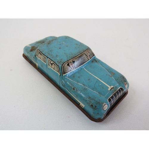 266 - Five vintage litho tin toys - two clockwork saloon cars, Glam toy saloon car, train carriage & airpl... 