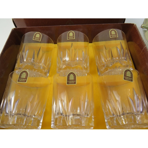 143 - Boxed set of 6 Cathedral crystal glasses and a silver plated pedestal bowl