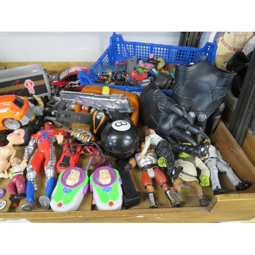 331 - Shelf lot of Action figures (both vintage and modern), football model stadium, cars, accessories etc