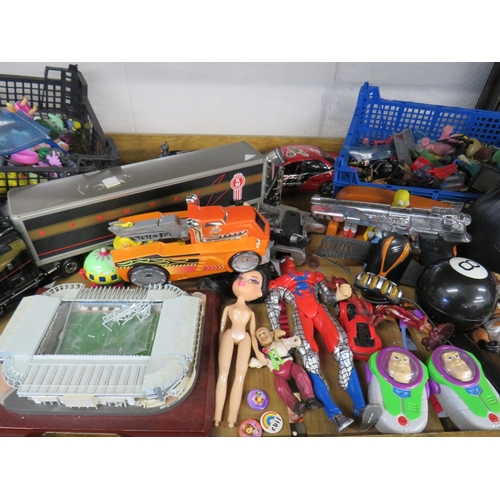 331 - Shelf lot of Action figures (both vintage and modern), football model stadium, cars, accessories etc