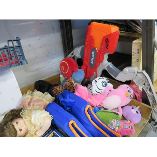 332 - Shelf lot of toys to include dolls, board game, nerf guns, bullets, soft toys etc