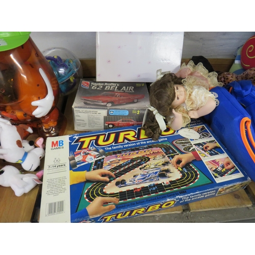 332 - Shelf lot of toys to include dolls, board game, nerf guns, bullets, soft toys etc