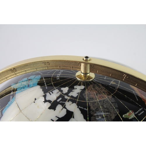 592 - Semi Precious Gemstone Inlaid Globe with Black Background On Brass Base