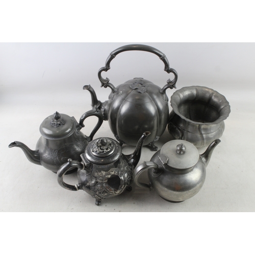 607 - Teapots Of Various Styles And Sizes Inc Melon Shaped, Floral Detail…