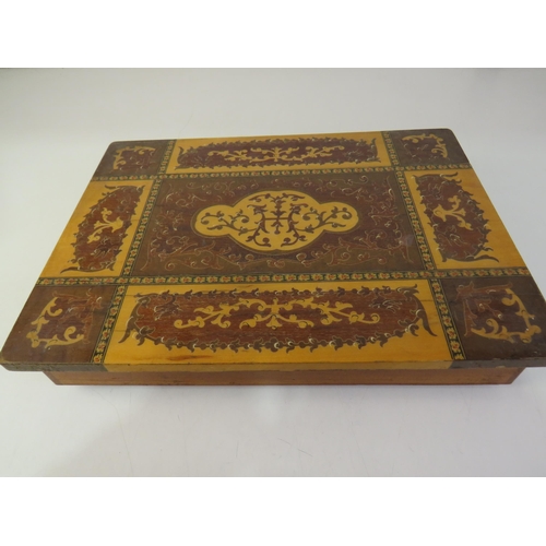 187 - Inlaid wooden box and contents