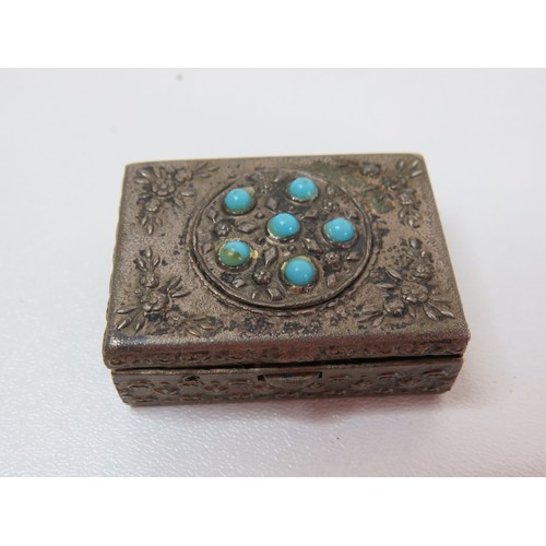 286 - Vintage detailed silver tone & faux turquoise pill box and Art Nouveau EPNS Pill box.