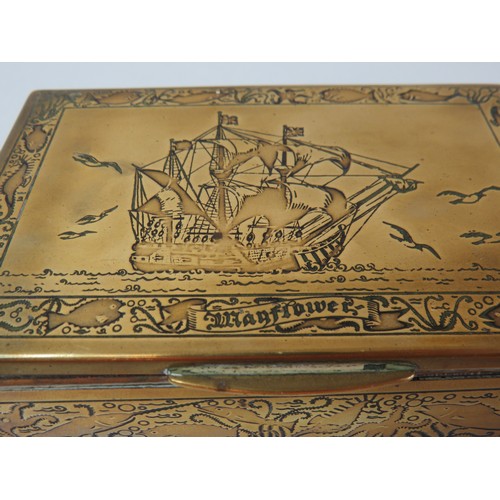 288 - Antique handcrafted Sailors brass tobacco/cigarette box engraved with the Mayflower ship and inscrip... 