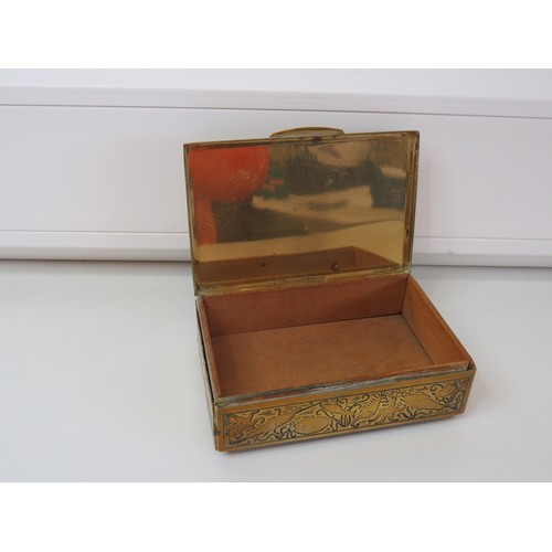 288 - Antique handcrafted Sailors brass tobacco/cigarette box engraved with the Mayflower ship and inscrip... 