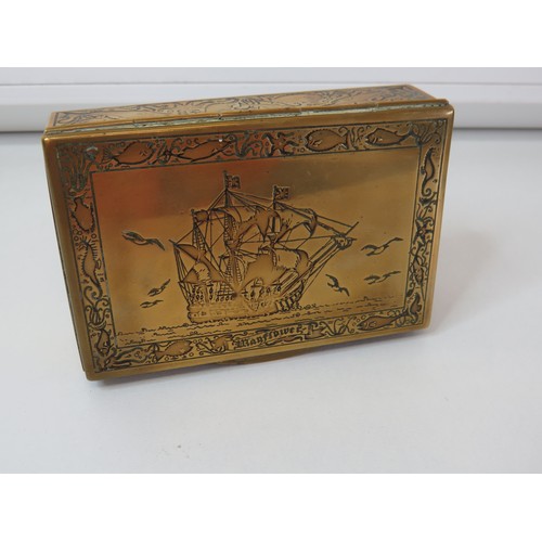 288 - Antique handcrafted Sailors brass tobacco/cigarette box engraved with the Mayflower ship and inscrip... 