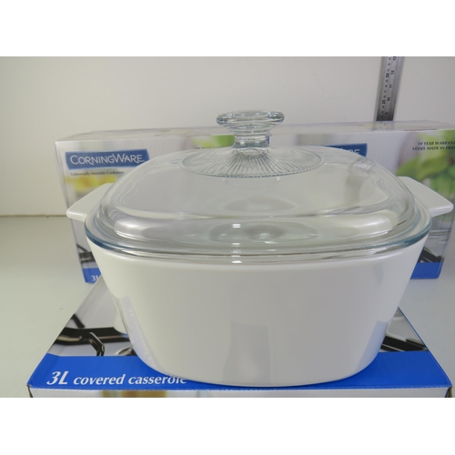 364 - Three 3ltr corningware covered casseroles brand new 10 year warranty- untested