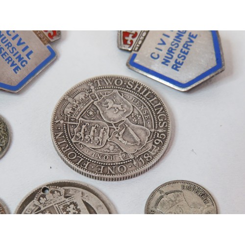 3 - Two sterling silver nursing badges, 1895 victorian florin etc