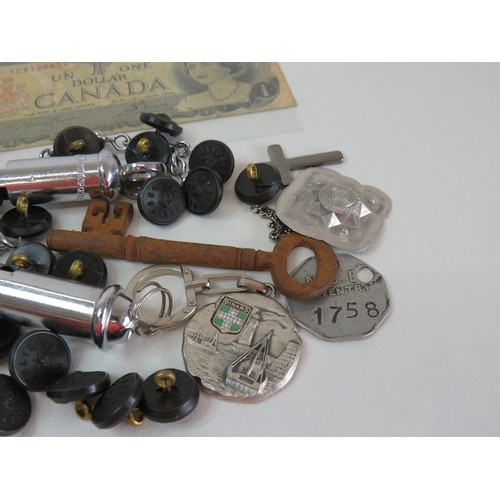 16 - Bag of various items including a propellor corkscrew, whistles, police buttons etc