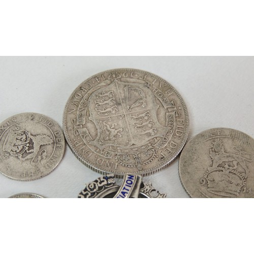 18 - Silver badge and silver coins including 1914 half crown