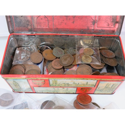 21 - Old tin to include banknotes, coins, etc