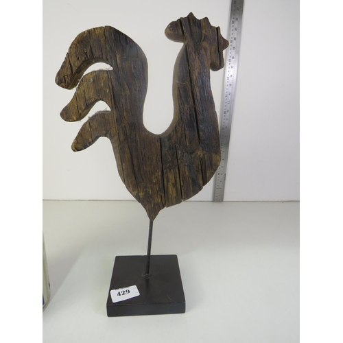 429 - Old wood cockerel and biscuit vase