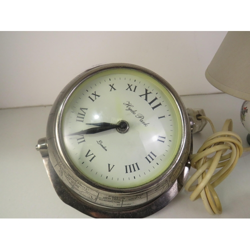 428 - Old lamp, wooden box, trinket box, clock and glass