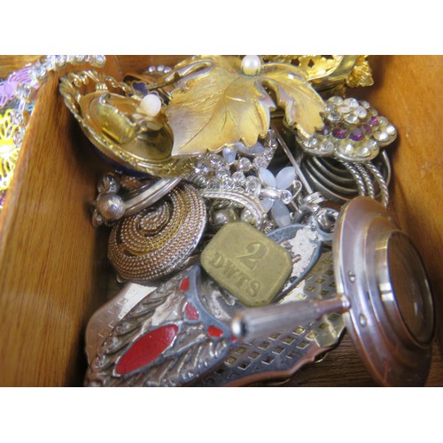 445 - Wooden box of brooches, zippo lighters, miscellaneous etc