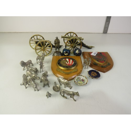 270 - Collectables to include pair of ornamental Canons, wooden shield plaques and white metal animal figu... 