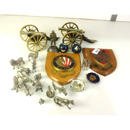 270 - Collectables to include pair of ornamental Canons, wooden shield plaques and white metal animal figu... 