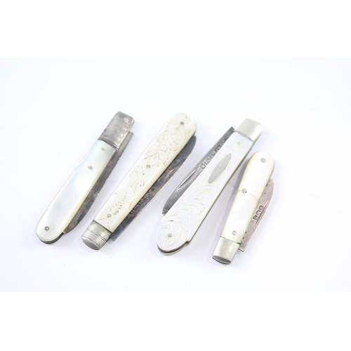 516 - 4 x Antique Hallmarked .925 Sterling Silver Mother of Pearl Fruit Knives (47g)