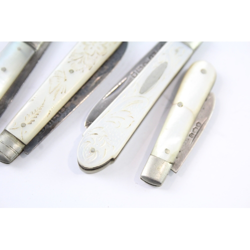 516 - 4 x Antique Hallmarked .925 Sterling Silver Mother of Pearl Fruit Knives (47g)