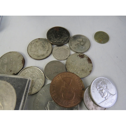 110 - Post office savings bank with a selection of coins and medals.