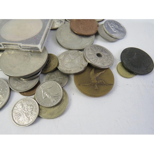 110 - Post office savings bank with a selection of coins and medals.