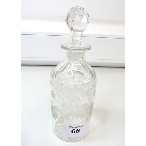 66 - Antique floral etched crystal decanter with stopper and a pair of etched crystal glass with silver s... 