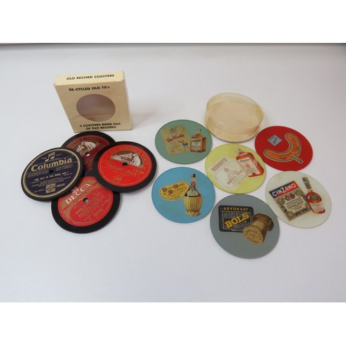 73 - A set of six glass drinks advertising coasters and boxed set of 4 coasters from Re-cycled old 78's.